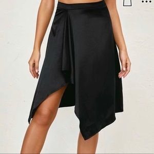 Black Satin Asymmetrical Hanky Hem Skirt